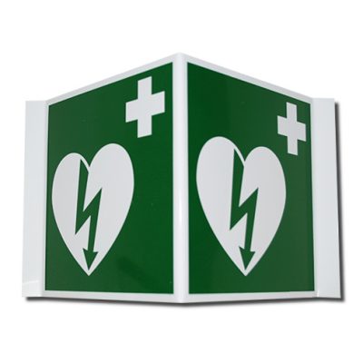 Térbeli defibrillátor jelző 2x15x15 műanyag tábla