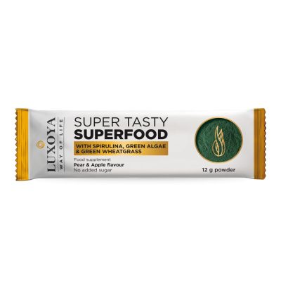 Luxoya Super Tasty Superfood Spirulinát és Zöld Búzafüvet tartalmazó italpor 12 g minta
