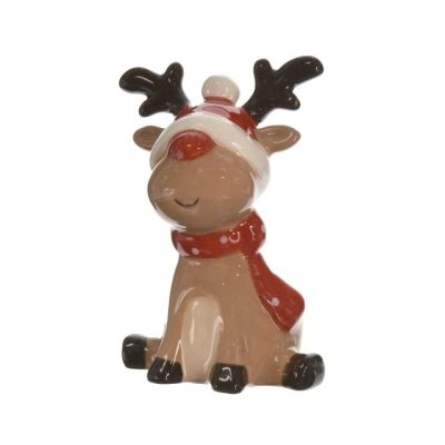 Szarvas ülő kerámia piros sapis 6x5x8cm