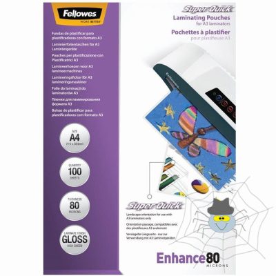 Lamináló fólia, A4, 80 mikron, fényes, 100 db/doboz, SuperQuick Fellowes®