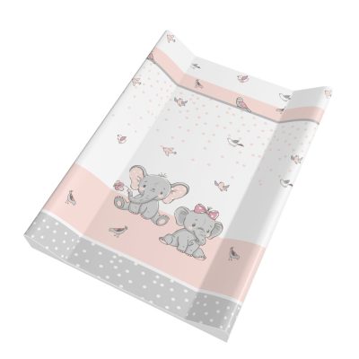 Fáncsi – Pelenkázólap merev peremes 70×50 cm | Rózsaszín-szürke, pöttyös kiselefánt mintával