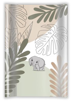 Leveles Kiselefánt – Pelenkázólap merev peremes 70×50 cm | Szürke kiselefánt olíva és bézs levelek között