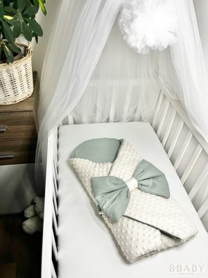 Kókuszpólya Joey – Krém minky és olívazöld pamut, 80×80 cm | Uniszex, masnis, kókuszbetéttel