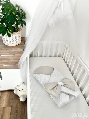 Kókuszpólya – Ross fehér minky és szürke pamut, 80×80 cm | Uniszex, masnival és kókuszbetéttel