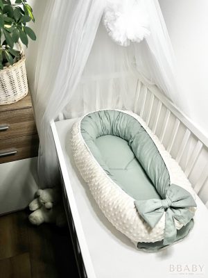 Joey – Babafészek olivazöld pamut és krém minky kombinációval