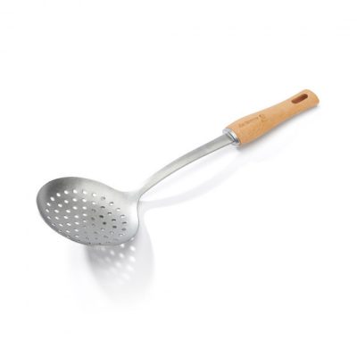 Szűrőkanál, perforált, 11×36,5 cm, kerek, bükkfa nyél a de Buyer-től