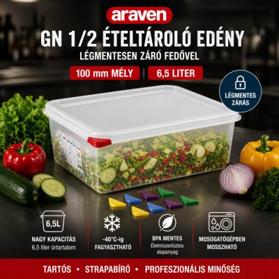 Araven GN edény 1/2 100 mm 6,5 liter ételtároló légmentesen záró fedővel