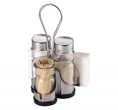 Asztali patika 4 részes (só, bors, fogvájó, szalvéta tartós) rozsdamentes