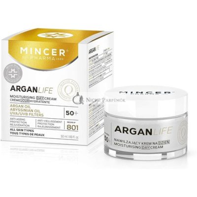 Mincer Pharma Argan Life 50+ Hidratáló, Megújító, Védő Anti-Aging Nappali Krém Minden Bőrtípusra Argan Olajjal, Abyssinian Olajjal, UVA és UVB Szűrőkkel, 50ml