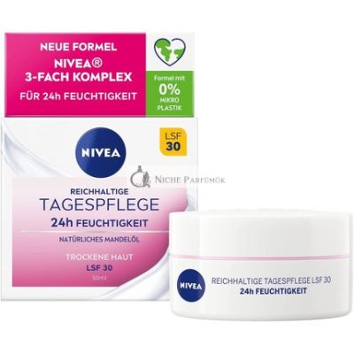 Nivea Gazdag Nappali Krém 24 órás Hidratálás SPF 30, 50 ml, Természetes Mandulaolajjal és Magnóliával