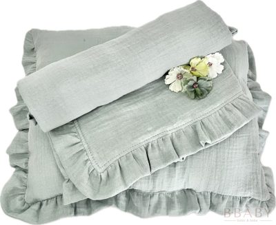 Olíva muszlin babaágynemű garnitúra fodros széllel – 70×90 cm takaró, 35×25 cm párna