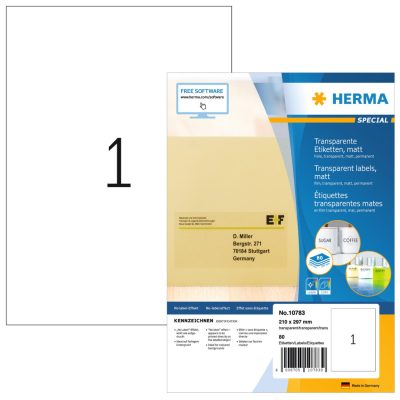 Herma No. 10783 átlátszó 210 x 297 mm méretű, lézernyomtatóval nyomtatható, matt felületű öntapadós etikett címke, permanens ragasztóval A4-es íven - kiszerelés: 100 címke / 100 ív
