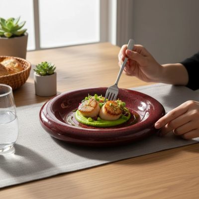 Cleopatra reaktív mázas, fészekformájú gourmet tányér vulkánbordó színű 24 cm-es