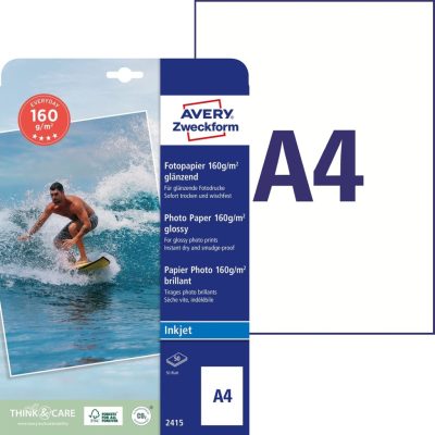 Avery Zweckform No. 2415 tintasugaras nyomtatóval nyomtatható A4-es méretű fehér színű 160 g-os különleges minőségű egyoldalas fényes felületű fotópapír - kiszerelés: 50 lap / csomag (Avery 2415)