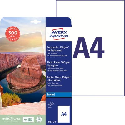 Avery Zweckform No. 2482-20 tintasugaras nyomtatóval nyomtatható A4-es méretű fehér színű 300 g-os prémium minőségű egyoldalas magasfényű fotópapír - kiszerelés: 15 lap / csomag (Avery 2482-20)