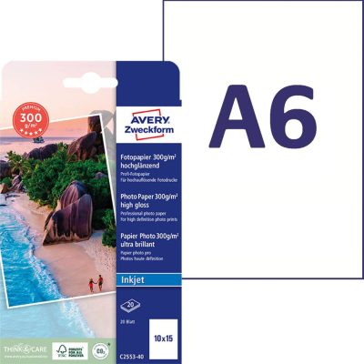 Avery Zweckform No. C2553-40 tintasugaras nyomtatóval nyomtatható A6-os méretű fehér színű 300 g-os prémium minőségű egyoldalas magasfényű fotópapír - kiszerelés: 20 lap / csomag (Avery C2553-40)