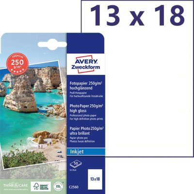 Avery Zweckform No. C2560 tintasugaras nyomtatóval nyomtatható 13x18 cm-es méretű fehér színű 250 g-os prémium minőségű egyoldalas magasfényű fotópapír - kiszerelés: 50 lap / csomag (Avery C2560)