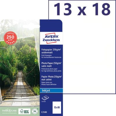 Avery Zweckform No. C2580 tintasugaras nyomtatóval nyomtatható 13x18 cm-es méretű fehér színű 250 g-os prémium minőségű egyoldalas szatén felületű fotópapír - kiszerelés: 50 lap / csomag (Avery C2580)