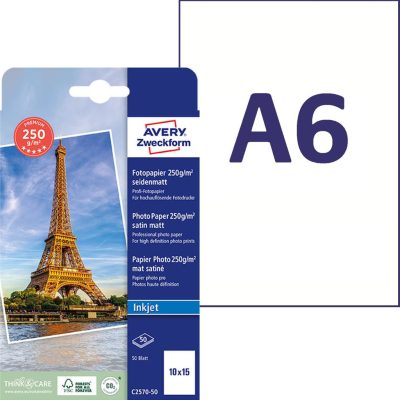 Avery Zweckform No. C2570-50 tintasugaras nyomtatóval nyomtatható A6-os méretű fehér színű 250 g-os prémium minőségű egyoldalas szatén felületű fotópapír - kiszerelés: 50 lap / csomag (Avery C2570-50)