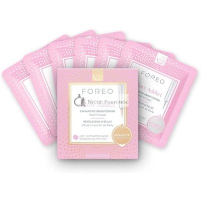 FOREO Glow Addict UFO Aktivált Arcpakolás a Fakó Bőrért és a Fényesség Elvesztéséért, 6 db, Halványító Gyöngy Kivonattal és E-vitaminnal