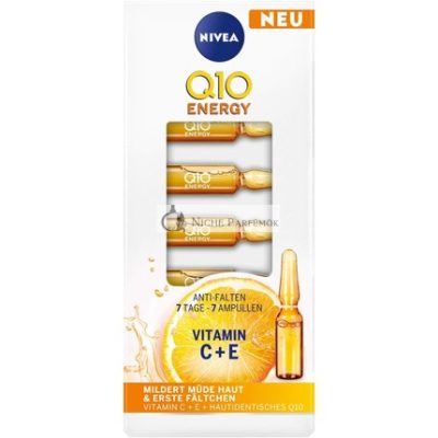 NIVEA Q10 Energia Ránctalanító Krém 7 Napos Kezelés 7 Ampulla 100% Bőrazonos Q10, C-vitamin és E-vitamin, Láthatóan Csökkenti a Ráncokat és Fáradt Bőrt