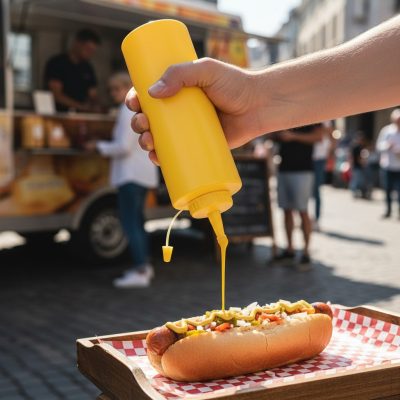 Szósznyomó palack 7,0 dl, kupakkal, sárga, műanyag