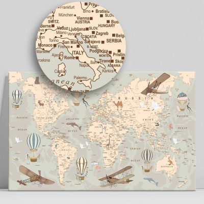 Gyermek 90x60 falitérkép, világtérkép utazóknak vászon 2 és 4 cm-es kivitelben