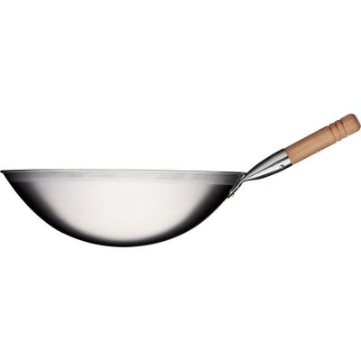 Vas Wok 40 cm-es átmérővel, fa nyéllel (120 mm), polírozott