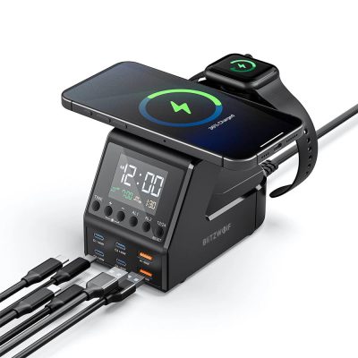 BlitzWolf® BW-FWC10 - 240W-os asztali gyorstöltő és ébresztő óra, 6db USB töltőport (Type-C és USB-A) + vezeték nélküli töltés