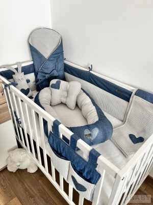 Avery Stone teljes babaágy szett – 7 részes kollekció farmer és szürke waffle pamutból