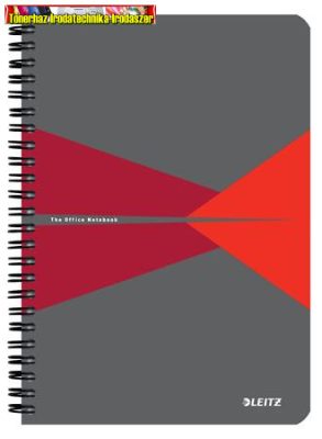 LEITZ Office Spirálfüzet, A5, kockás, 90 lap, PP borító, szürke-piros 44981025
