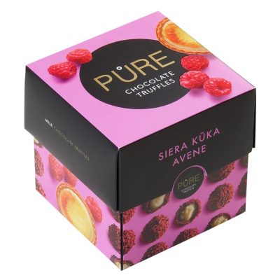 Pure Cube – Sajttortás trüffelkrémmel töltött tejcsokoládé málna szórással 96g