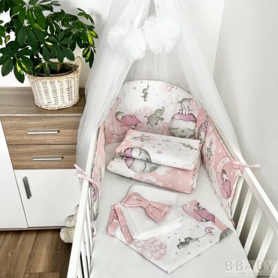 Álomelefánt rózsaszín – 4 részes babaágynemű szett kislányoknak, kedves elefántmintával