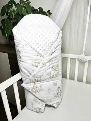 Bbaby kókuszpólya – Afrikai Kaland, halványszürke minky és zsiráfos pamutvászon, kivehető kókuszbetéttel