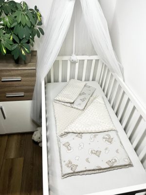 Bbaby 2 részes egybevarrt babaágynemű – Álomfelhő Mackó Szivárványom, bézs minky és mackós pamutvászon