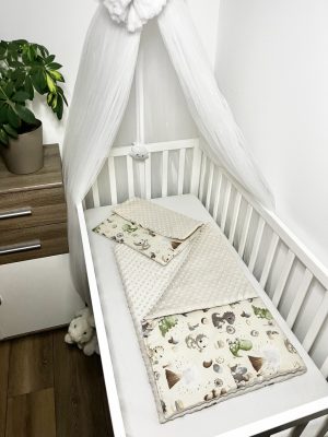 Bbaby 2 részes egybevarrt babaágynemű – Dínó, bézs minky és dinoszauruszos pamutvászon