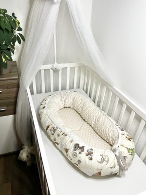 Bbaby babafészek – Dínó, bézs minky és dinoszauruszos pamutvászon