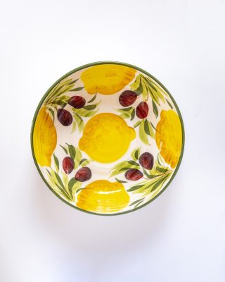 Olivás-citromos mintájú egyedi kerámia mély tál, kerek