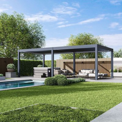 Rojaplast PRESTIGE 8×4 m elektromos bioklimatikus pergola – prémium alumínium árnyékoló LED-világítással és motoros lamellákkal