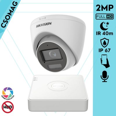 Hikvision 1 turret kamerás analóg megfigyelőrendszer 2MP biztonsági kamera, IR megvilágítás 40 m, fehér fény 20 m, beépített mikrofon, kültéri