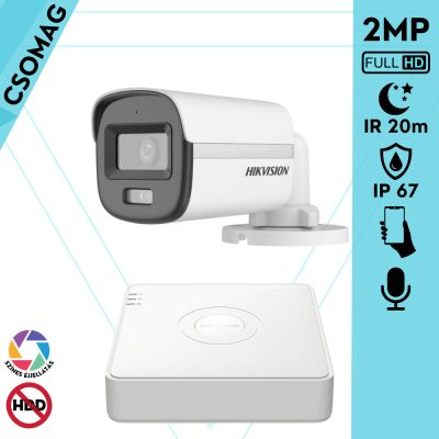 Hikvision 1 cső kamerás analóg megfigyelőrendszer 2MP biztonsági kamera, ColorVu Dual-light látható fény 20m, beépített mikrofonnal, kültéri