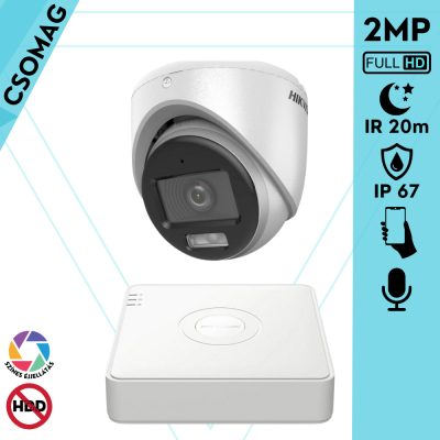 Hikvision 1 turret kamerás analóg megfigyelőrendszer 2MP biztonsági kamera, ColorVu Dual-light látható fény 20m, beépített mikrofonnal, kültéri