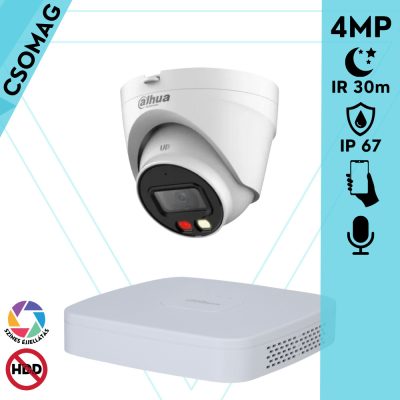 Dahua 1 turret kamerás IP megfigyelőrendszer 4MP HD turret biztonsági kamera, 2.8 mm-es fix objektívvel, PoE, beépített mikrofonnal, színes éjszakai kép, kültéri