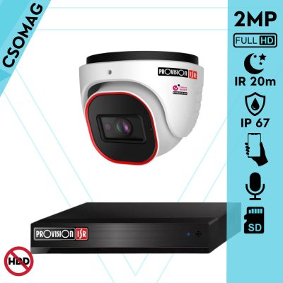 Provision 1 dome kamerás IP megfigyelőrendszer 2MP HD dome biztonsági kamera, 2.8 mm-es fix objektívvel, PoE, beépített mikrofonnal, IR LED 20m, kültéri, fém ház