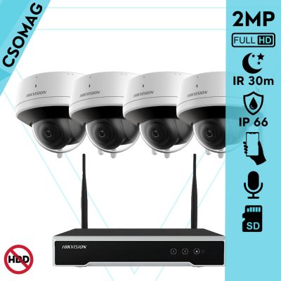 Hikvision 4 dóm kamerás WIFI megfigyelőrendszer 2MP dóm biztonsági kamera, 4.0 mm-es fix objektívvel, beépített WiFi antennával és mikrofonnal, microSD kártyafoglalat, infravörös éjjellátó, IR 30m, kültéri