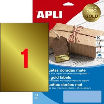 APLI No. 14888 arany színű 210 x 297 mm méretű, lézernyomtatóval nyomtatható, öntapadós etikett címke, permanens ragasztóval A4-es íven - kiszerelés: 20 címke / 20 ív (LCA14888)