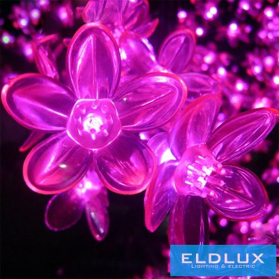 Napelemes 50 LED-es rózsazsín színű cseresznyevirág fényfüzér 5m