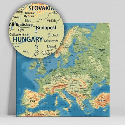 Európa térkép, vászonkép domborzati sötétkék