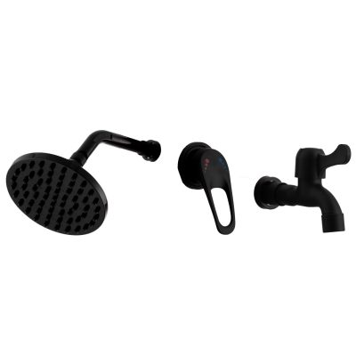 Matt fekete szolár zuhany alkatrész készlet – 15×15 cm ABS zuhanyfej karral, keverőkar és lábmosó csap