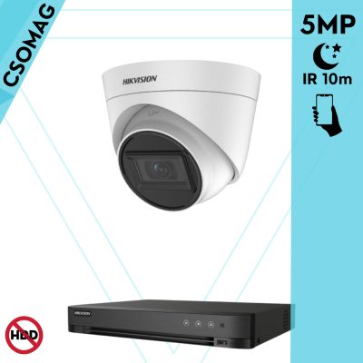 Hikvision 1 turret kamerás analóg megfigyelőrendszer 5 MP biztonsági kamera, 2.8 mm fix objektív, IR 10m, Digitális WDR, fém ház, beltéri